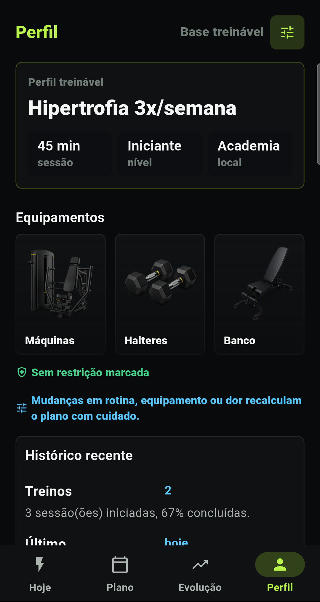 GMOVE — tela Perfil treinável com equipamentos e histórico
