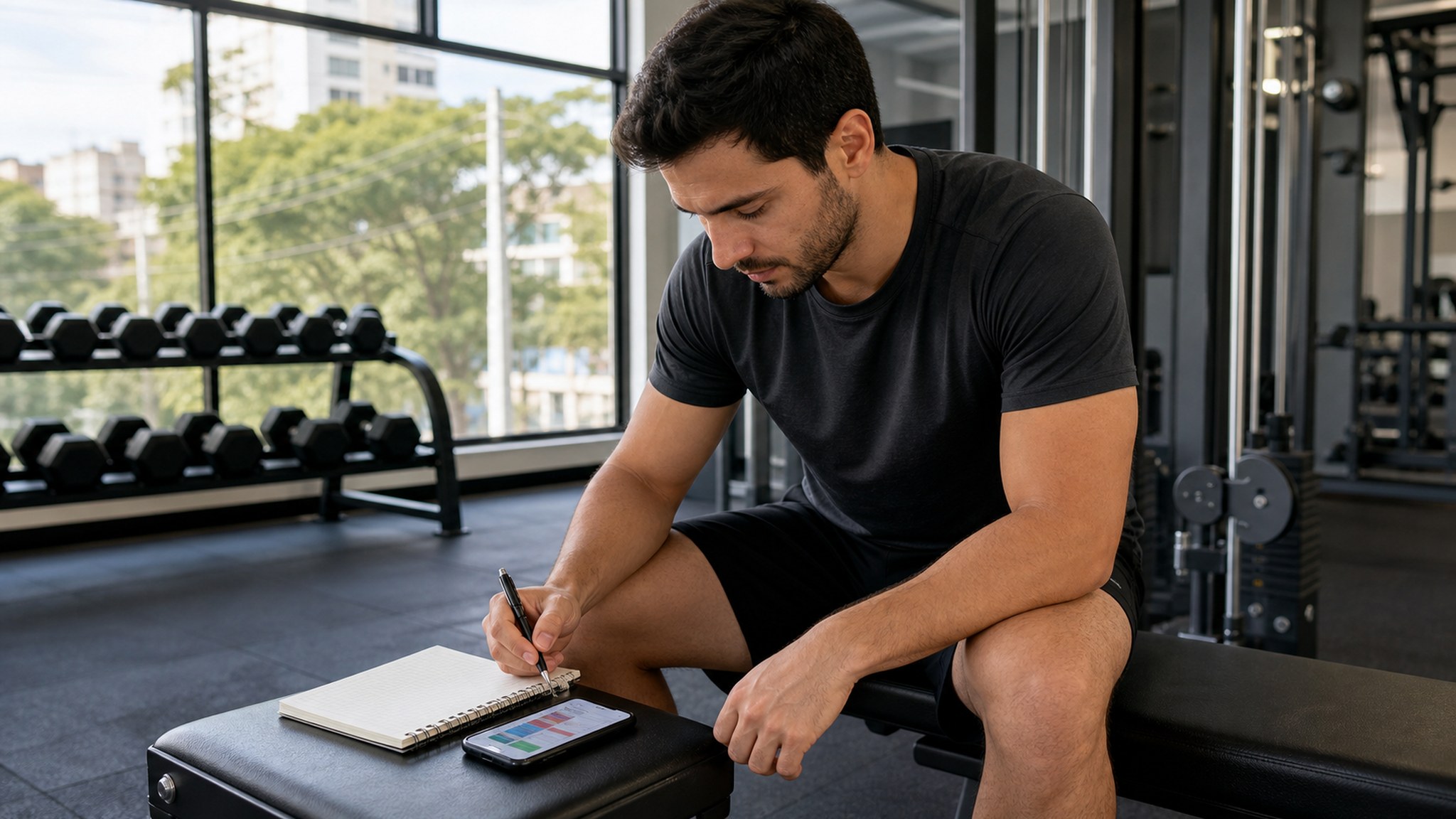 Pessoa sentada em banco de academia planejando a semana de treino em um caderno, com celular ao lado e equipamentos ao fundo.